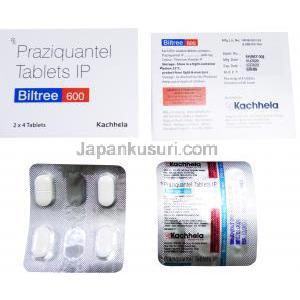 ビルツリー600, プラジカンテル 600mg, 4錠 X 2シート（8錠）, 製造元：Kachhela,　箱, シート